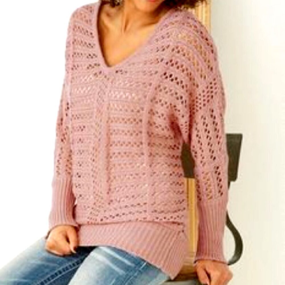 Open Knit Crochet Tunic Sweater Sz M Dusty/Blush Pink by Pearl #14R‎